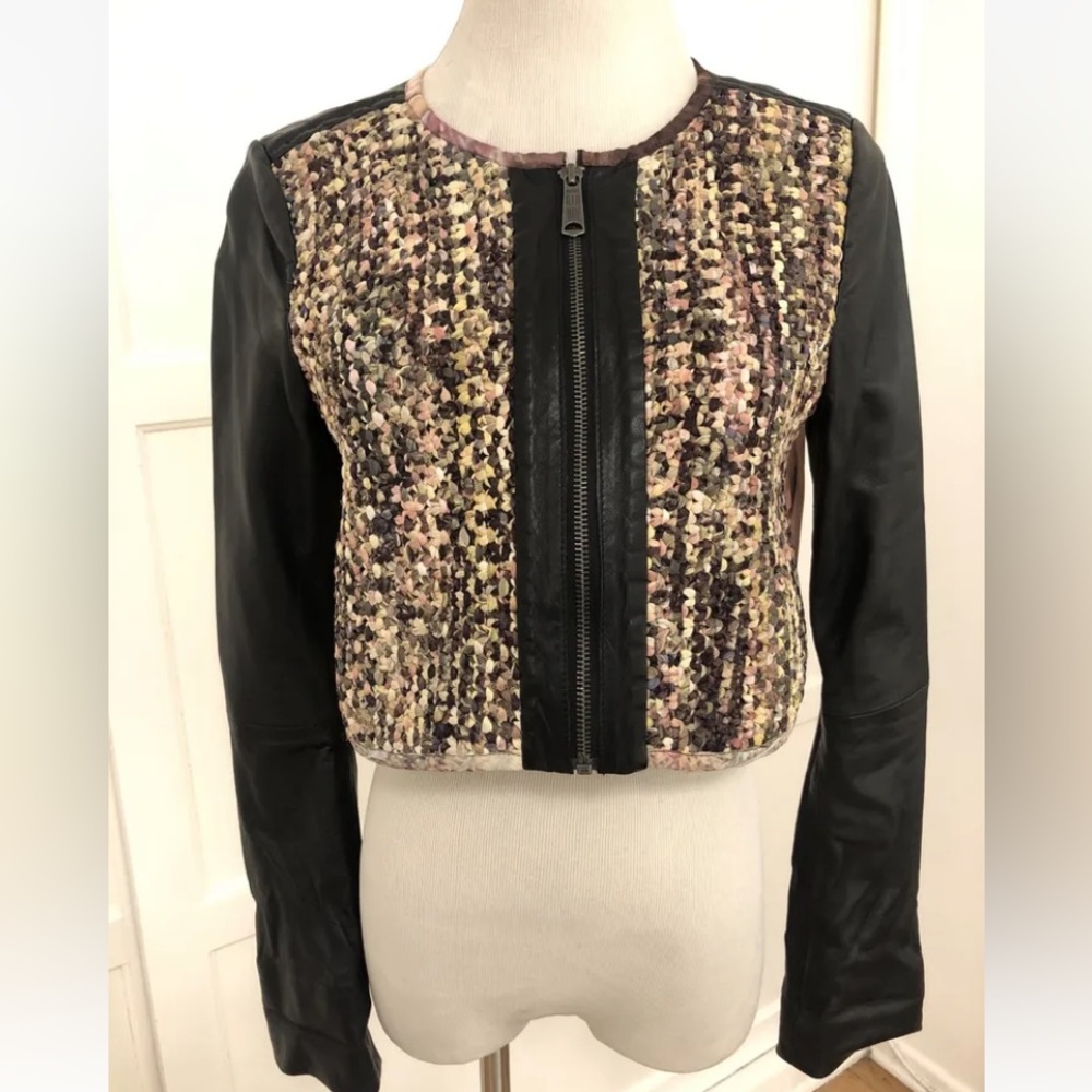 Diesel multicolor Leather Floral Fabric Weave Crop Zip Up Jacket Size Xs Women’s
